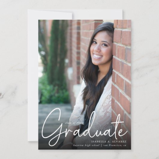 トレンディースクリプトオーバーレイ2枚の写真卒業記念 案内状 (正面)