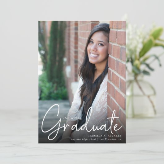 トレンディースクリプトオーバーレイ2枚の写真卒業記念 案内状 (スタンド正面)