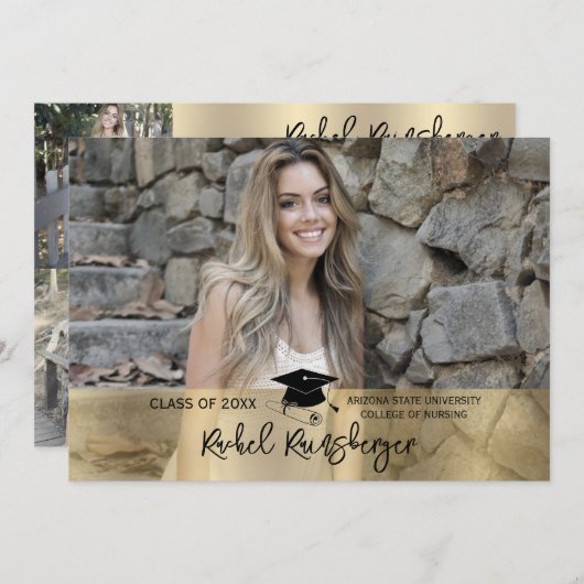 トレンディースクリプトオーバーレイ3枚の写真卒業 招待状 (正面/裏面)