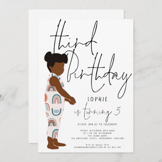 トレンディースクリプトガールレインボーズダークヘア3歳 招待状 (正面/裏面)
