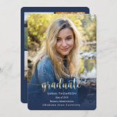 トレンディースクリプトネイビーブルーフォトコラージュ卒業 案内状 (正面/裏面)