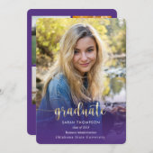 トレンディースクリプトパープル金ゴールドフォトコラージュ卒業 案内状 (正面/裏面)