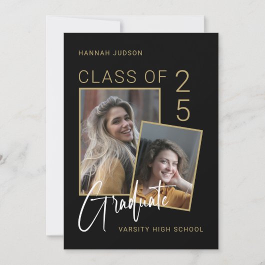 トレンディースクリプトブラック&ホワイト写真卒業パーティー 案内状 (正面)