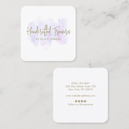 トレンディースクリプトラベンダーウォータカラー スクエア名刺 (正面/裏面)