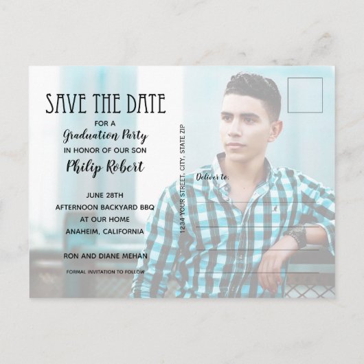 トレンディースクリプト写真の卒業の日付の保存 ポストカード (裏面)