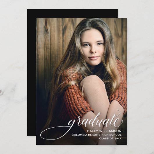 トレンディースクリプト写真の卒業発表 招待状 (正面/裏面)