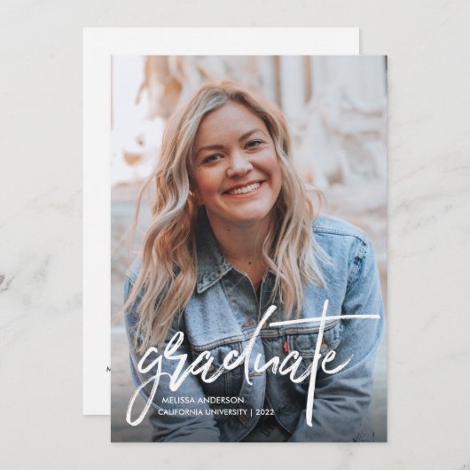 トレンディースクリプト写真の卒業発表 案内状 (正面/裏面)