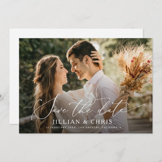 トレンディースクリプト写真の結婚式を保存する日付カード 招待状 (正面/裏面)