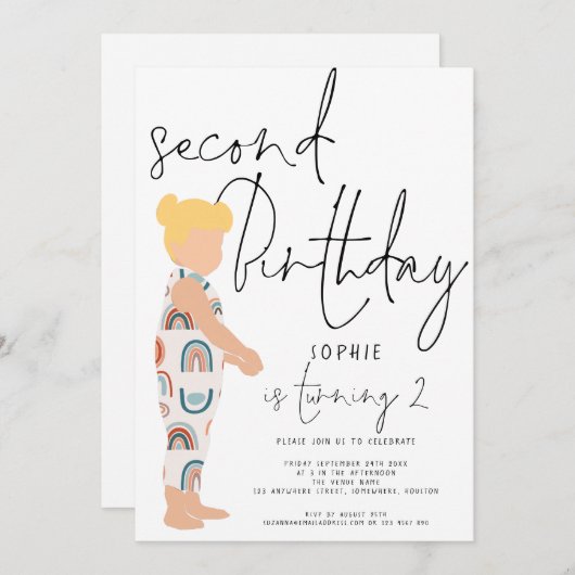 トレンディースクリプト女の子ブロンド虹2番目の誕生日イン 招待状 (正面/裏面)