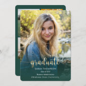 トレンディースクリプト金ゴールドグリーンフォトコラージュ卒業 案内状 (正面/裏面)