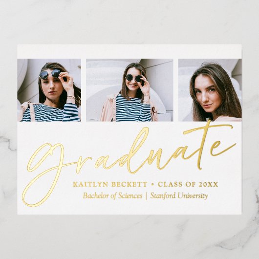 トレンディースクリプト3写真実在卒業 箔招待状ポストカード (正面)