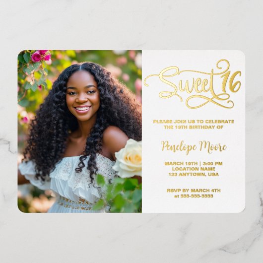 トレンディースクリプトSweet 16誕生日写真 箔招待状 (正面)