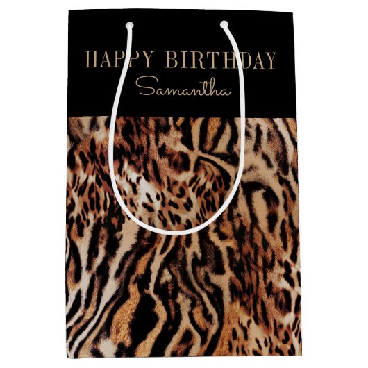 トレンディースタイリッシュアニマルプリント誕生日（名前） ミディアムペーパーバッグ (正面)