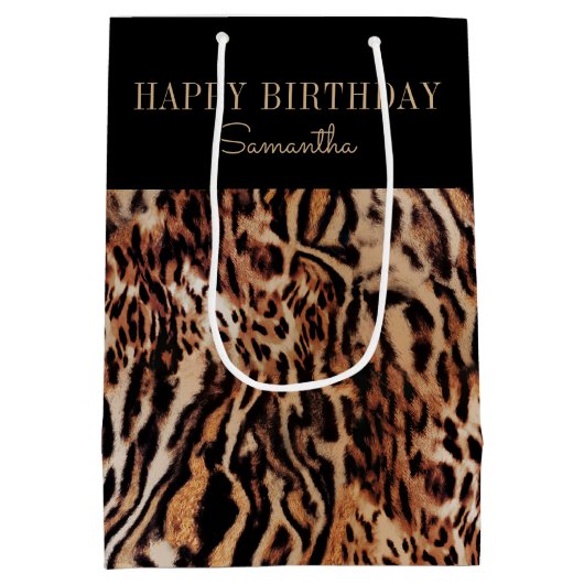 トレンディースタイリッシュアニマルプリント誕生日（名前） ミディアムペーパーバッグ (裏面)