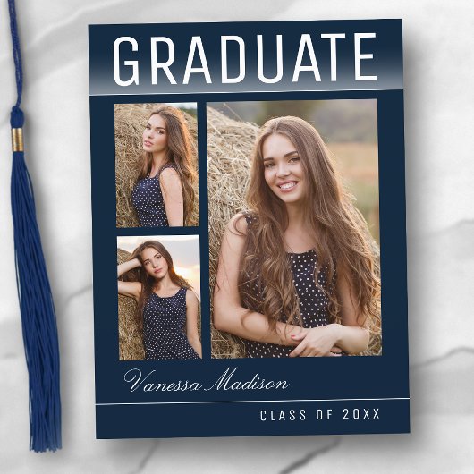 トレンディースタイリッシュシック3フォトネイビーブルー卒業 ポストカード