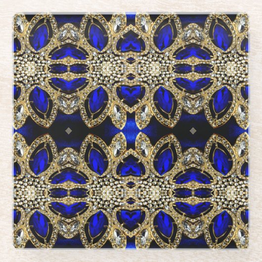 トレンディースタイリッシュターコイズ金ゴールド銀深いブルー ガラスコースター (正面)
