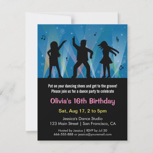 トレンディースタイリッシュティーンディスコダンスバースデーパーティー 招待状 (正面)