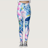 トレンディースタイリッシュブルーピンクリリーフローラルパターン レギンス (正面)