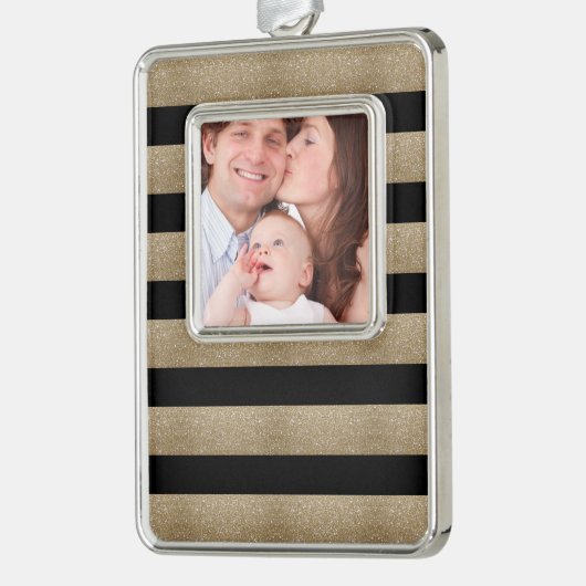 トレンディースタイリッシュ幾何学的ブラックと金ゴールドストライプ シルバープレートフレームオーナメント (左)