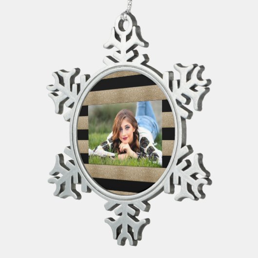 トレンディースタイリッシュ幾何学的ブラックと金ゴールドストライプ スノーフレークピューターオーナメント (右)