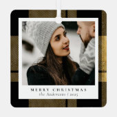 トレンディースタイリッシュ金ゴールドプレイドクリスマスカップルの写真 メタルオーナメント (裏面)