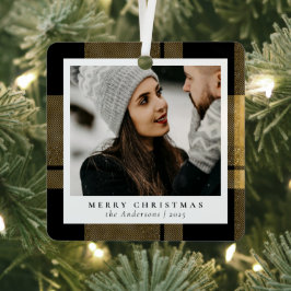 トレンディースタイリッシュ金ゴールドプレイドクリスマスカップルの写真 メタルオーナメント