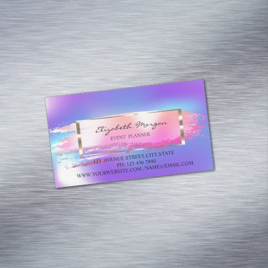 トレンディーストライプの、ブラシストローク、金ゴールドフレームホログラフィック マグネット名刺 (インサイチュ)