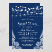 トレンディーストリングライツレースネイビーブルーブライダルシャワー 招待状 (正面/裏面)