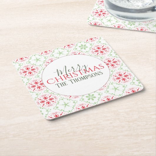 トレンディースノーフレークスホリデーグリーンお洒落 スクエアペーパーコースター (アングル)