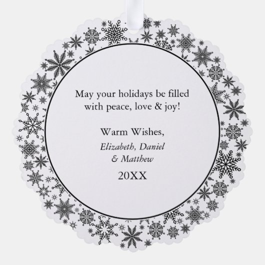 トレンディースノーフレーク白黒メリークリスマス オーナメントカード (裏面)
