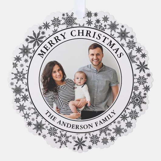 トレンディースノーフレーク白黒メリークリスマス オーナメントカード (正面)
