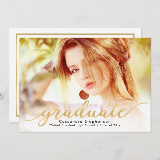 トレンディースモダンクリプト金ゴールド写真の卒業 招待状 (正面/裏面)