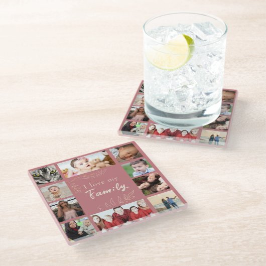 トレンディーセンチメンタル私は私の家族の写真コラージュを愛する ガラスコースター (アングル)