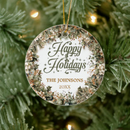 トレンディーセージグリーンフェイク金ゴールドハッピーホリデイズファミリー セラミックオーナメント