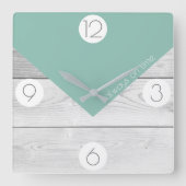 トレンディーセージグリーン&ホワイトウッドプリント スクエア壁時計 (正面)