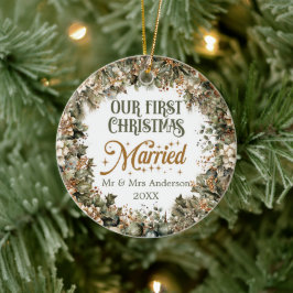 トレンディーセージフェイクグリーン金ゴールド私たちの初めてのクリスマス セラミックオーナメント