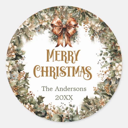 トレンディーセージ緑とフェイク金ゴールド白ポインセチア ラウンドシール (正面)