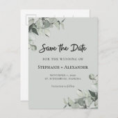 トレンディーセージ緑ユーカリ結婚式の日付を保存 案内ポストカード (正面/裏面)