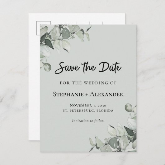 トレンディーセージ緑ユーカリ結婚式の日付を保存 案内ポストカード (正面/裏面)