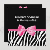 トレンディーゼブラプリントとピンクリボンベビーブシャワー 招待状 (正面/裏面)