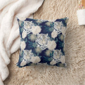 トレンディータイガーアニマル水彩フローラブルーデザイン クッション (ブランケット)