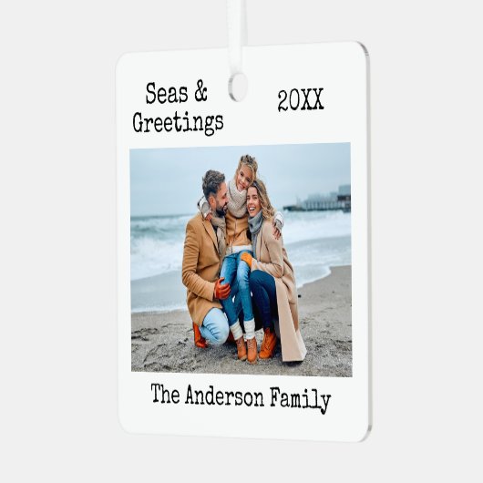 トレンディータイプライター文字シーズとグリーティングフォト メタルオーナメント (正面左)