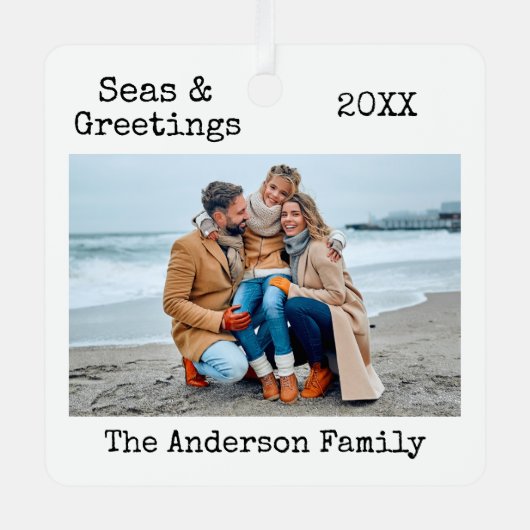 トレンディータイプライター文字シーズとグリーティングフォト メタルオーナメント (正面)