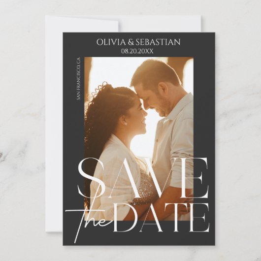 トレンディータイポグラフィオーバーレイ文字結婚写真 セーブザデート (正面)