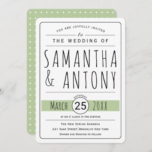 トレンディータイポグラフィセージ緑結婚式招待状 招待状 (正面/裏面)