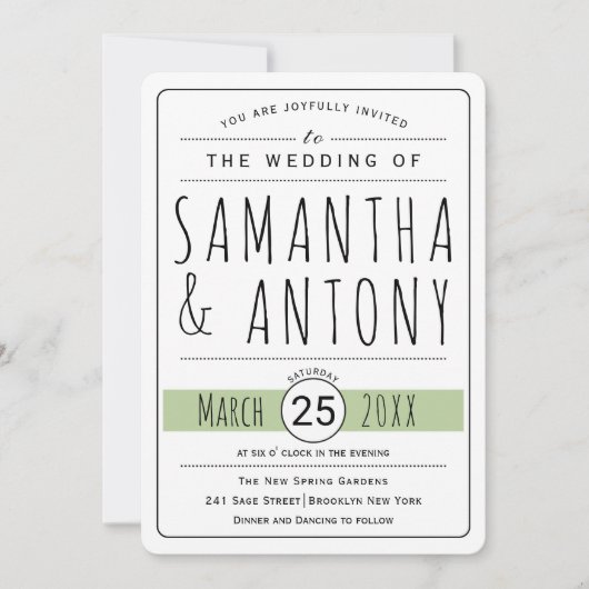 トレンディータイポグラフィセージ緑結婚式招待状 招待状 (正面)