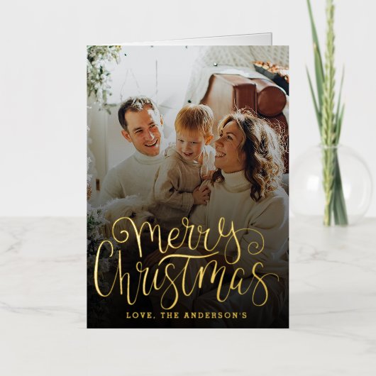 トレンディータイポグラフィメリークリスマスフォト実在 箔シーズンカード (正面)