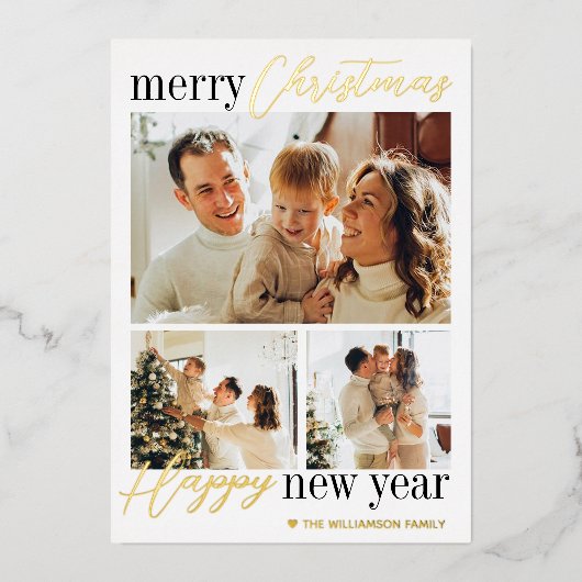 トレンディータイポグラフィメリークリスマス3写真実在 箔シーズンカード (正面)
