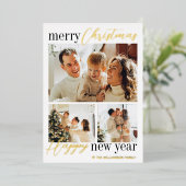 トレンディータイポグラフィメリークリスマス3写真実在 箔シーズンカード (立ち正面)