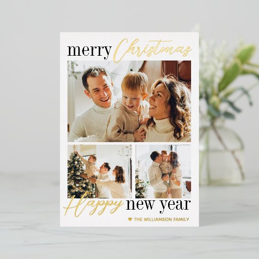 トレンディータイポグラフィメリークリスマス3写真実在 箔シーズンカード (立ち正面)